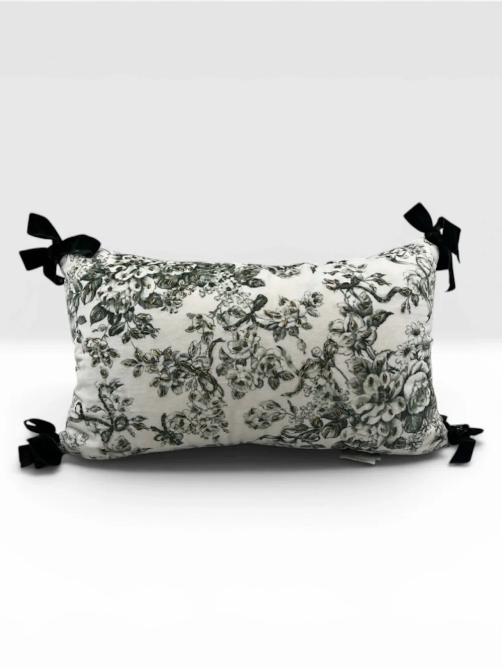 Elegant Velvet Green Bow Ties Floral Toile Lumbar Pillow 14x24” Laura Ashley